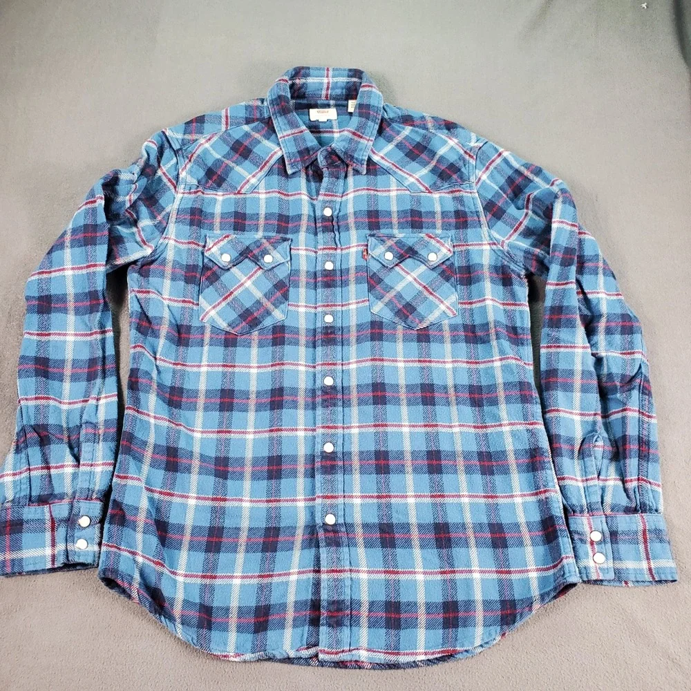 Levis Mens Blue Plaid Western Flannel Pearl Snap Long Sleeve Shirt Size M